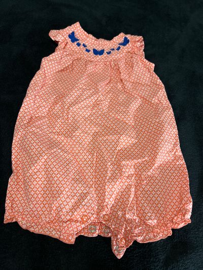 Just for you Peach flowered summer romper with navy blue butterfly accentsll 12 Months