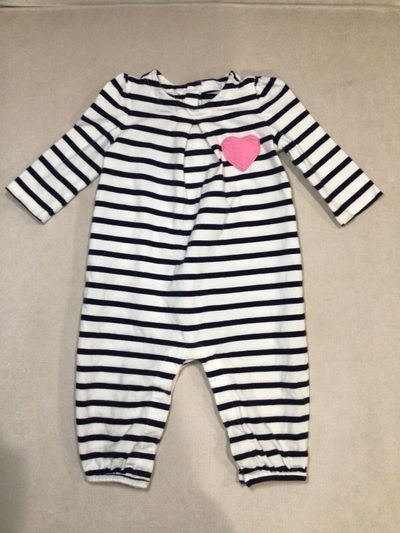 Gap snap jumpsuit Blue and white stripe with pink heart pocket 6-12 Months