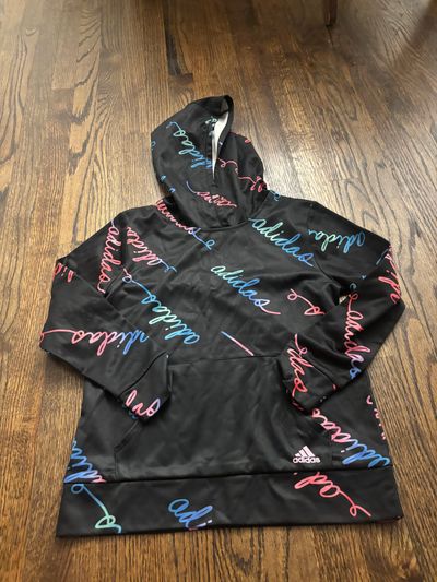 Adidas, black hooded sweatshirt size 14 looks like A size 1012 also a bit on the small smaller 14 size 14-16