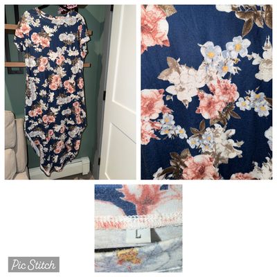 Blue dress Short sleeve dress Long with flowers Women's - L