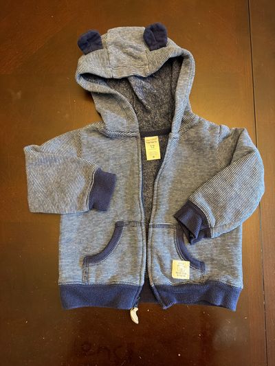Carters fleece lined zip up hoodie Blue striped with ears on the hood 12 Months