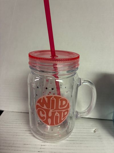 Wild child plastic mason jar drinking mug Dual wall w pink and silver glitter and straw
