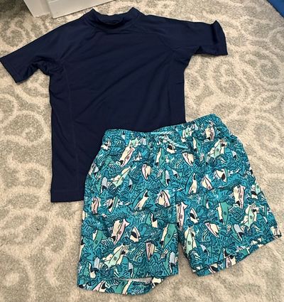 Lands End, Cat and Jack Navy swim shirt with lined shark print swimsuit, size, S 6-7 6T/6
