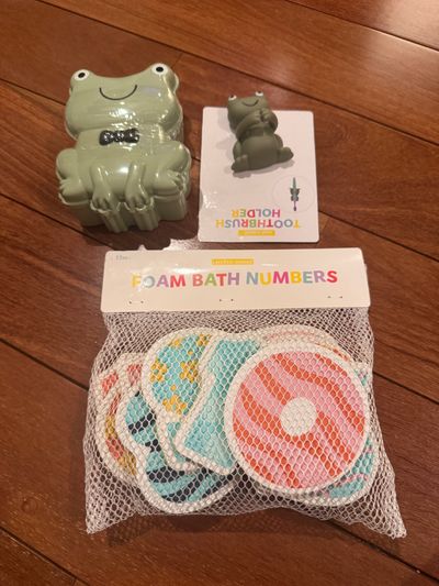 Brand new bathroom, accessories, foam numbers Soap, dish, and toothbrush cover