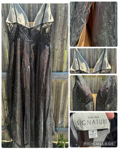 Calina signature gown beautiful design Black w gold underlay slit sparkle detail zip up Women's 4