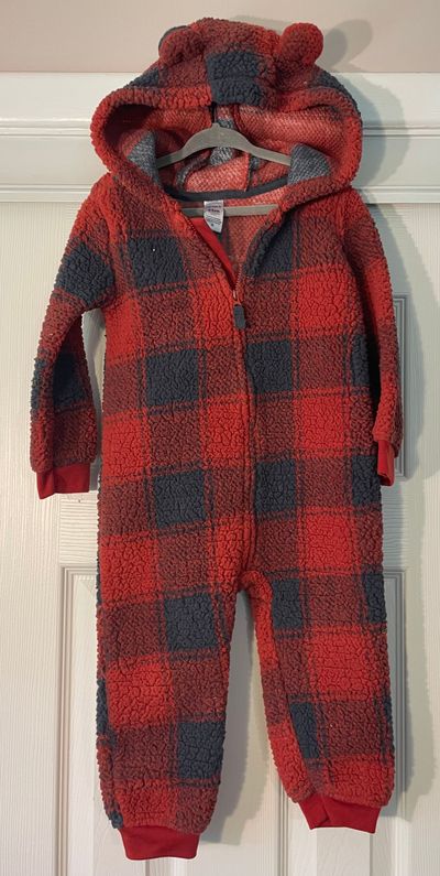 Carters 24M, red/blue plaid fleece, footless, zip-up, hood w/ ears 18-24 Months