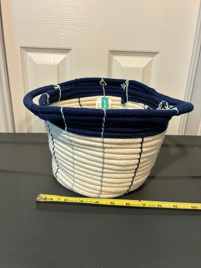 Pillow Fort storage basket Blue and white rope basket, ruler for size reference