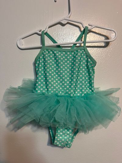 OP Mint Green Bathing Suit w White Hearts & Attached Tutu 12 Months