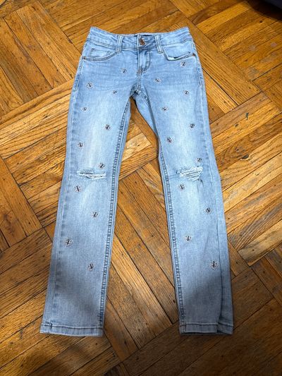 Denim embroidered flowers sz 8 ripped skinny jeans  7-8