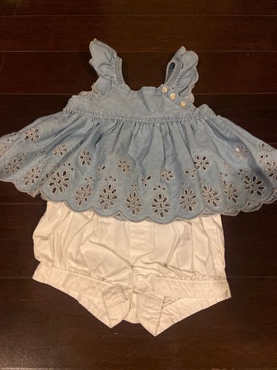 Gap Shirt is 0-3 and bottom is 3-6 larger size bottom for diaper 0-3 Months