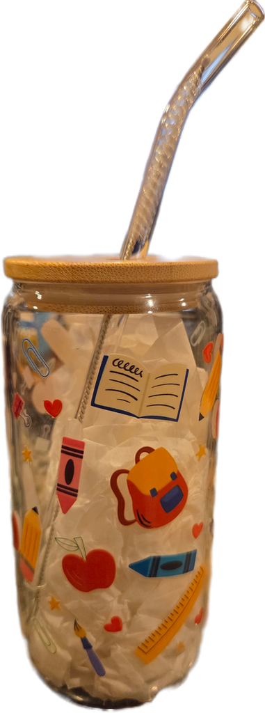Brand New teacher/school themed glass cup With strawberry cleaner