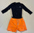 Carters Navy blue, Long sleeve rash guard and Orange swim trunks 18 Months