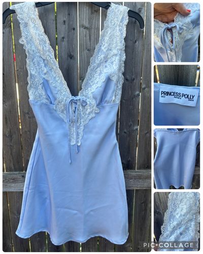 Princess Polly baby blue slip dress 75 retail Silky w tie front and lace details on straps & chest Junior S - 2
