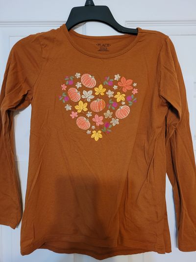 Children's Place size 16 Long sleeve burnt orange fall shirt with pumpkins and leaves 14-16