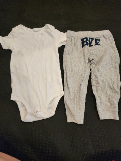 Carter infant set white bodysuit paired with matching heather gray pants 24 Months
