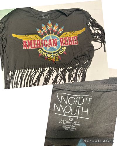 Word of mouth crop top w fringe sleeve & bottom Grey motorcycle logo top w fringe detail loose fit Junior XS - 0