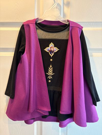 Disney Frozen II Size 8 long sleeve black Anna shirt with purple vest/cape 7-8