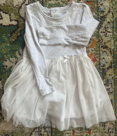 Simple joys by carters long sleeve dress Light grey with white tulle skirt 3T